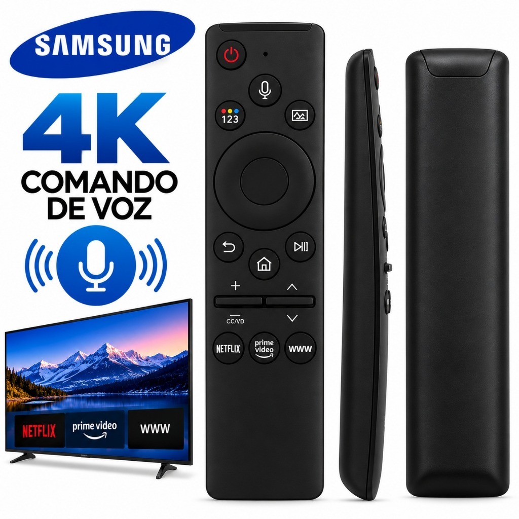 Controle Remoto Compatível C/ Smart TV Samsung 4K com Comando de Voz Netflix e Prime Video