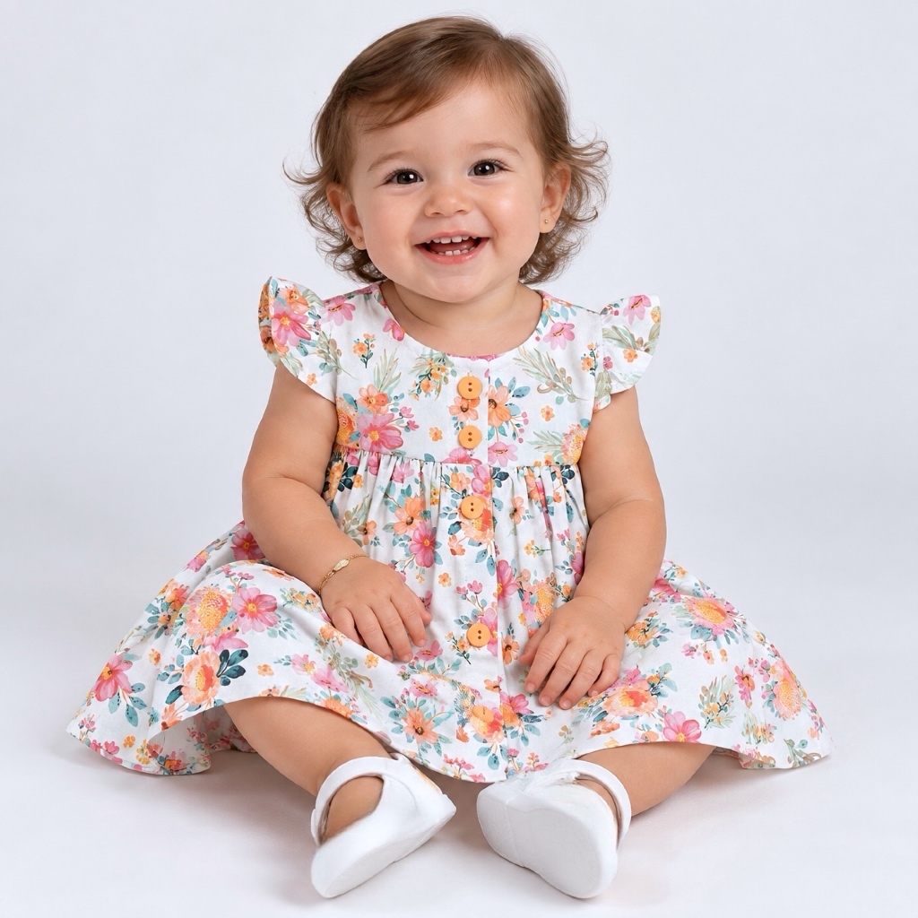 Vestido de Bebê Floral Laranja 100% Algodão Mundo Nina Ensaios Fotográficos Eventos