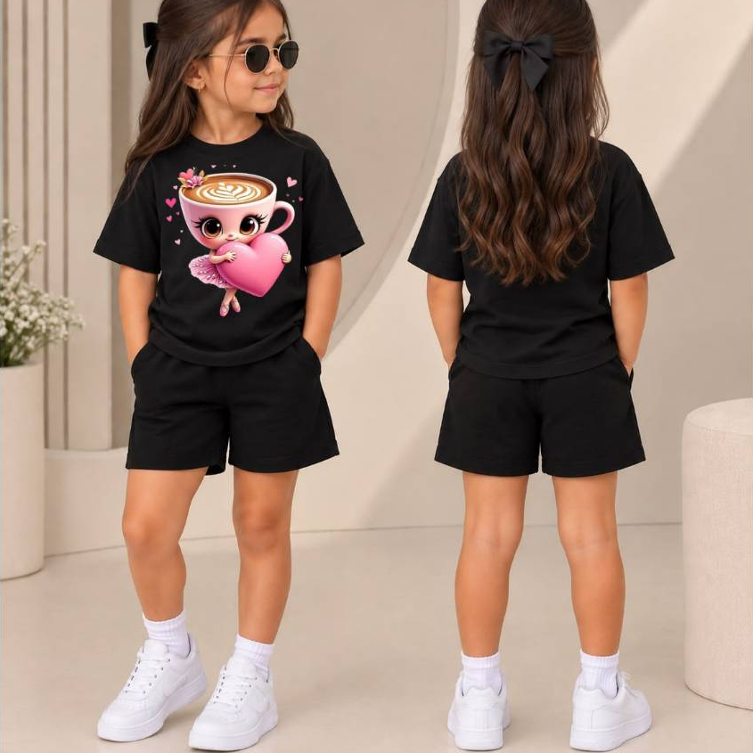 Conjunto Infantil Feminino com Camiseta e Short de Moletom, com estampa fofa de xícara de café com coração