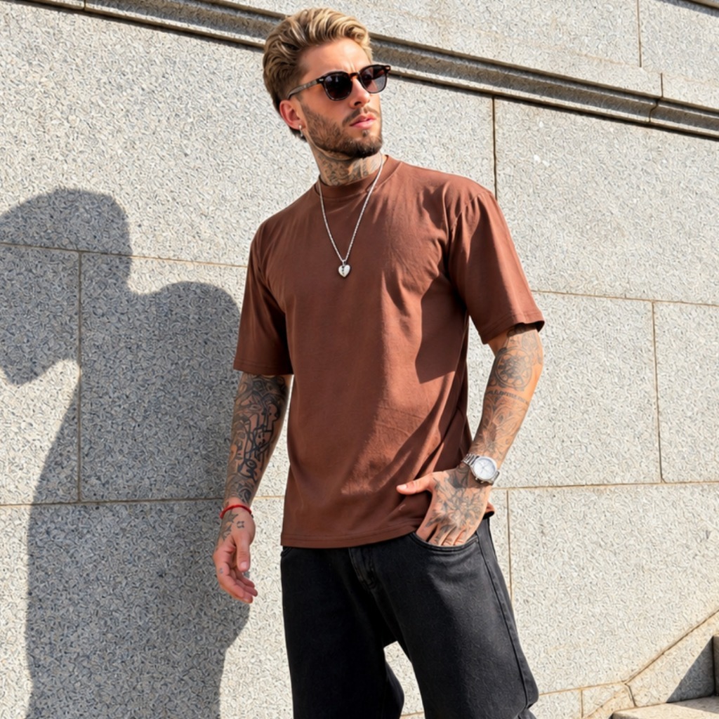 Camiseta Masculina Oversized Streetwear Gola Alta 100% Algodão Básica Casual