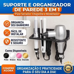 Suporte De Parede Multifuncional 3 em 1 Secador Babyliss Chapinha REFORÇADO e Organizador Banheiro Quarto Salão