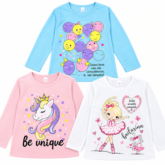 Kit 3 Blusas Infantil Menina Manga Longa Estampada em Cotton Cores Sortidas