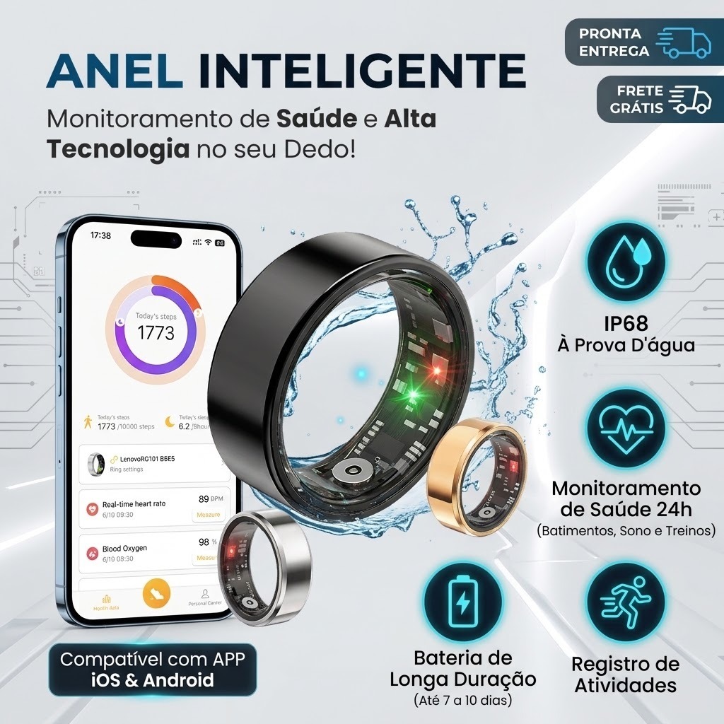 Anel Inteligente Smart Ring Monitor de Sono, Batimentos, SpO2, IP68 à Prova d'Água, App iOS/Android