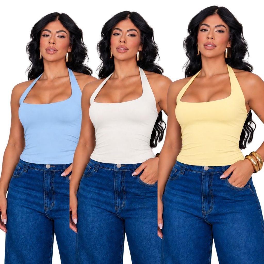 kit 3 Blusa Regata forrada Feminina Halter Efeito  Modeladora Frente Unica Casual Verão Tendencia suplex poliamida