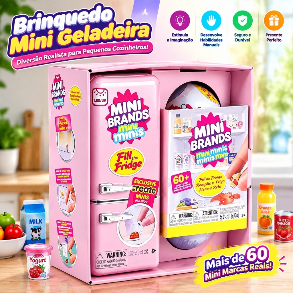 Mini Geladeira Surpresa Colecionável Fill The Fridge Mini Minis com Luz UV + Acessórios Brinquedo Infantil Miniaturas