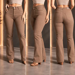 Calça Jeans Feminina Sawary Original Cintura Alta Flare Bootcut Elastano Lycra Moda Feminina Bonita