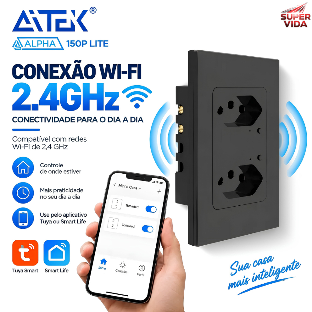 Tomada Inteligente Wi-Fi Dupla de Embutir Tuya Smart Life Bivolt 110-250V Controle pelo Celular