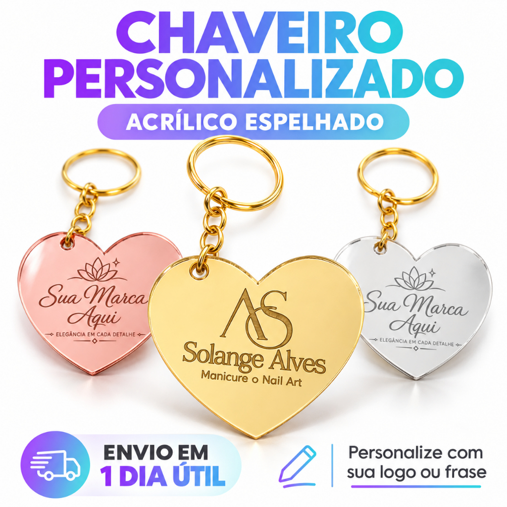20 a 100 Unidades - Chaveiro Personalizado Acrílico Espelhado com Logo Brinde Lembrancinha Festa Natal