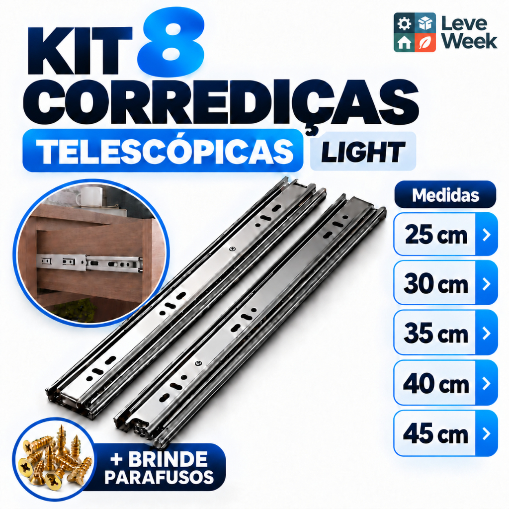 Kit 8 Corrediças Telescópicas Light Para Gaveta 4 Pares Trilhos 25cm a 45cm Aço Zincado Para Móveis