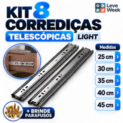 Kit 8 Corrediças Telescópicas Light Para Gaveta 4 Pares Trilhos 25cm a 45cm Aço Zincado Para Móveis