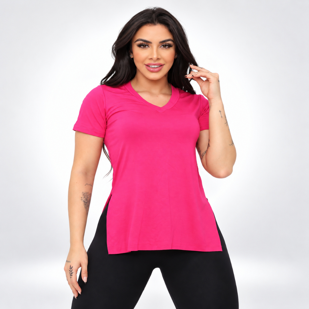Blusa Feminina cobre bumbum gola v academia fitness sobre legging t shirt REF 87