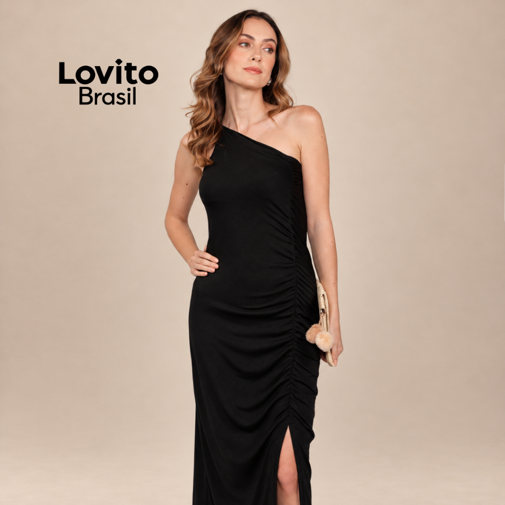Lovito Vestido Feminino Midi Elegante com Franzidos na Lateral DRB22022232 — imagem 2 de 2