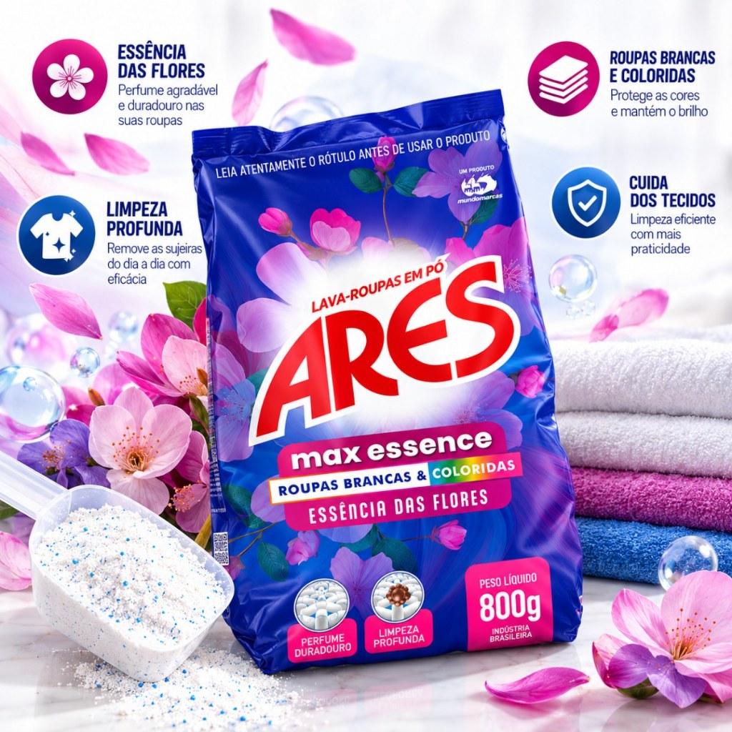 Kit 5 Unidades Lava Roupas Em Pó Ares Max Essence Flores 800g Roupas Brancas e Coloridas — imagem 2 de 2