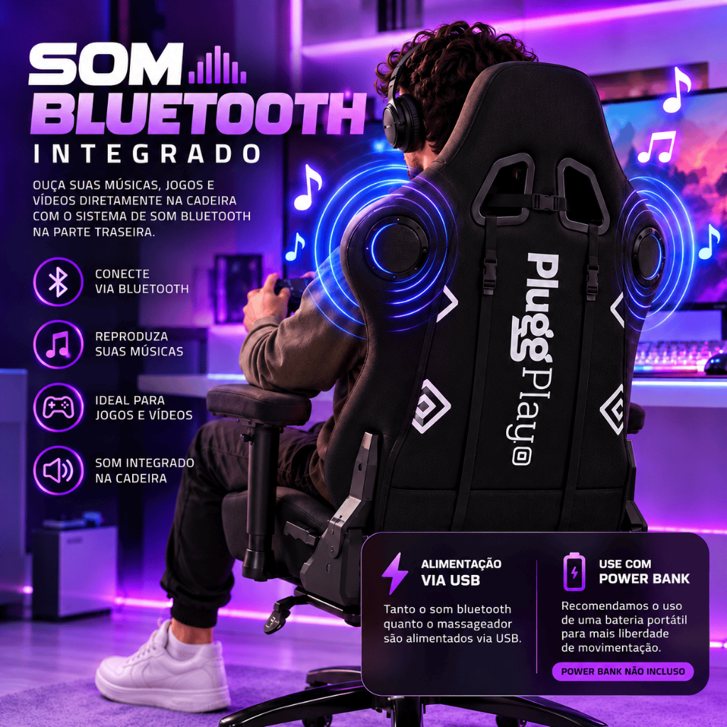 Cadeira Gamer c/ Massagem e Caixa De Som Bluetooth Usb Reclinável Ergonômica até 150kg Profissional Pluggei Zenith T4M4 · foto 2