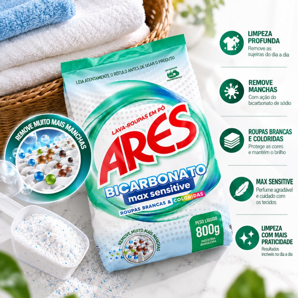 Kit 10 Unidades Lava Roupas Ares Em Pó Bicarbonato De Sódio Max Sensitive 800g Roupas Brancas e Coloridas — imagem 2 de 2