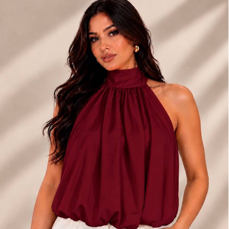 Blusa Feminina Elegante Frente Única Gola Alta com Franzido e Barra Balonê – Regata Sofisticada Moda Casual Chic