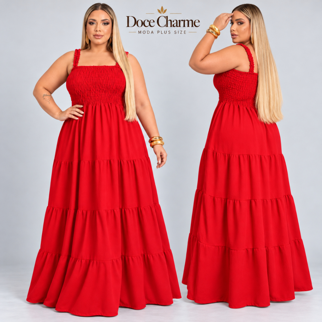 Vestido florido longo Laura plus size com lastex no busto e se adapta ao corpo com caimento perfeito leve visual moderno