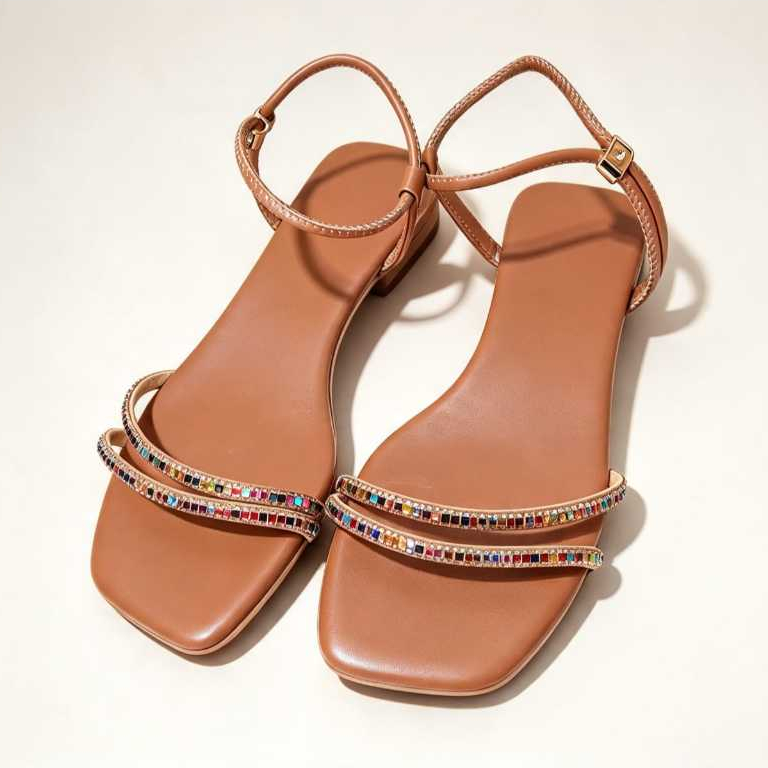 Sandália Feminina Rasteira Caramelo Pedrarias Coloridas Confortável Rasteira Feminina Strass Multicolor Tiras Finas Fest