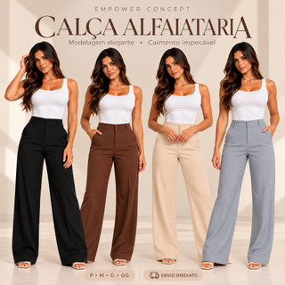 Calça Feminina Alfaiataria Cintura Alta Pantalona Reta Elegante Social Casual Premium Com Bolso P M G GG Envio Imediato