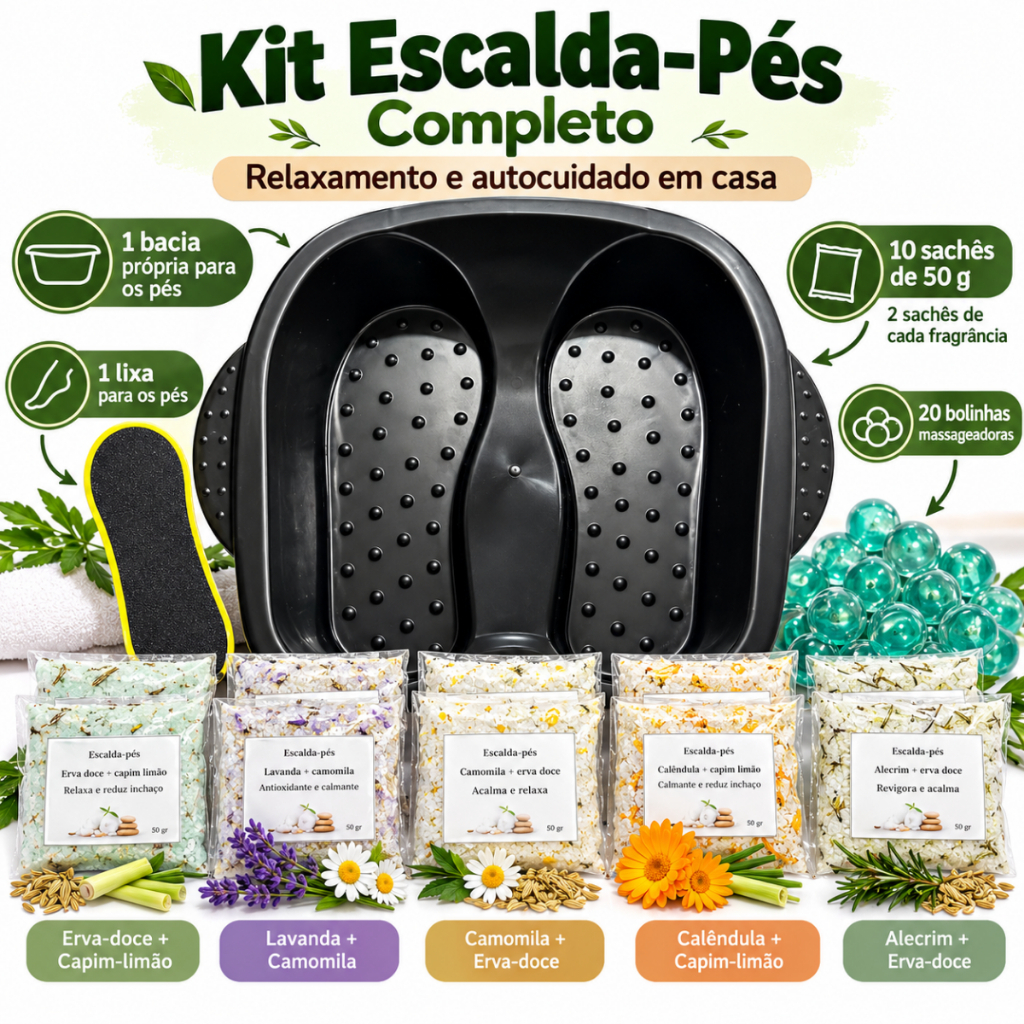 Kit Escalda Pés Completo Spa Relaxante Bacia 10 Sachês 500g 5 Fragrâncias Lixa e 20 Bolinhas Massageadoras Presente