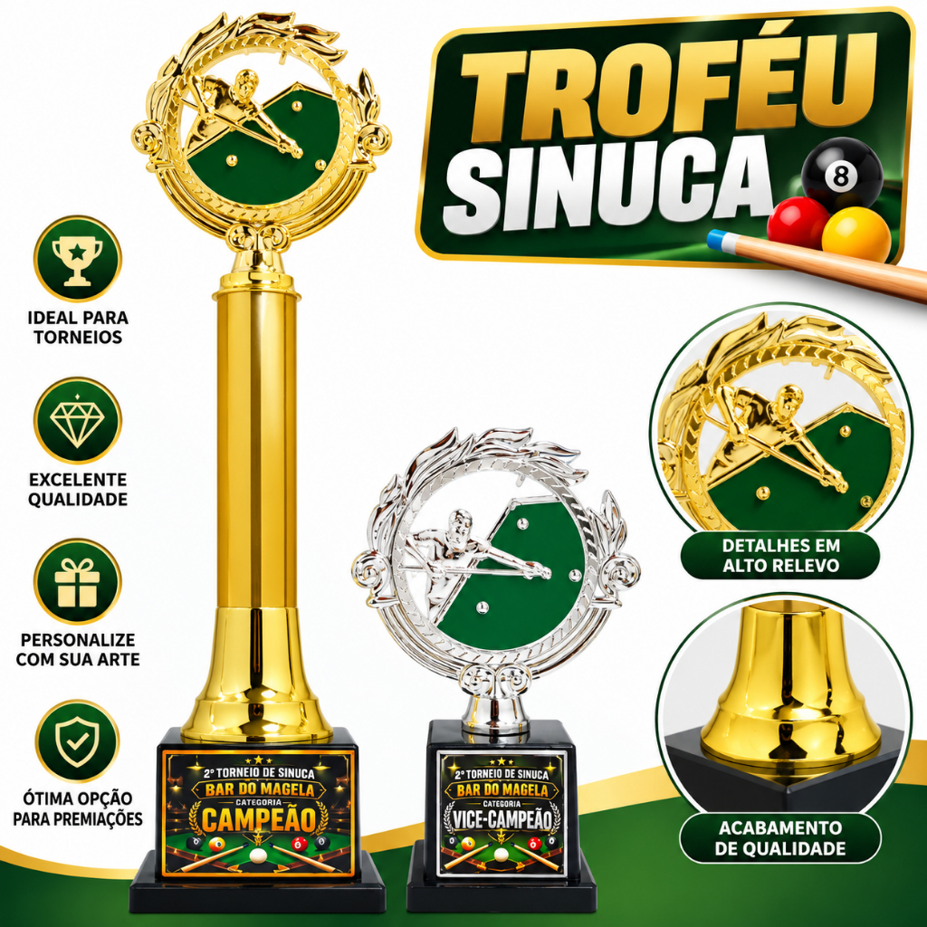 1 a 4 Troféu Sinuca Mold Color Ouro 45cm/ 39cm/ 33cm TJA123 {Personalizo} Unitário ou Kit — imagem 2 de 2