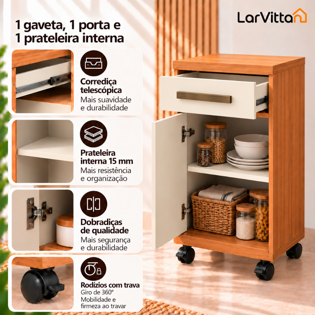 Balcão Palmas 1 Porta 1 Gaveta com Rodízios 39cm MDP para Cozinha e Área de Serviço — imagem 3 de 3