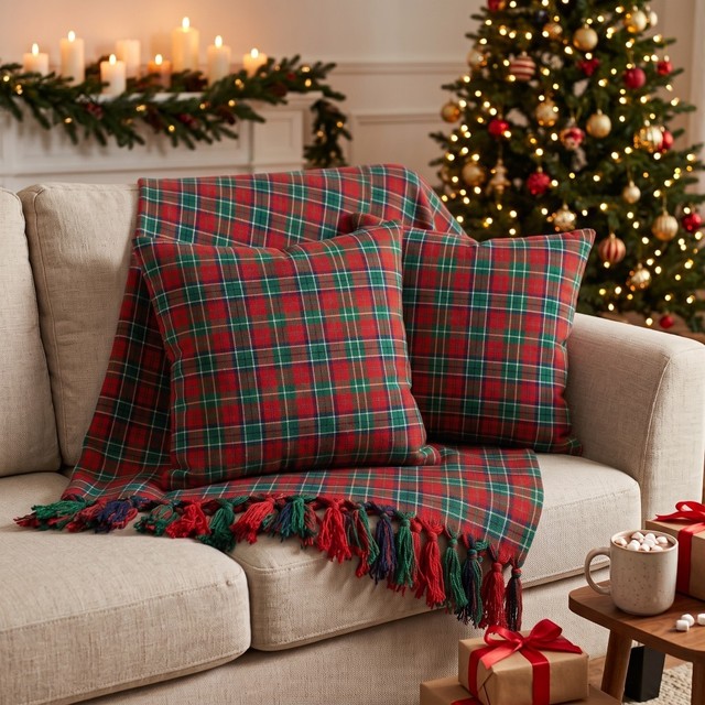 Kit Manta e Capa de Almofada Natalina Xadrez para Sofá e Poltronas em Tecido Jacquard Fio Tinto