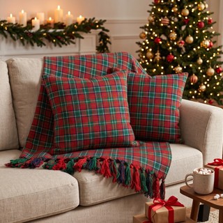 Kit Manta e Capa de Almofada Natalina Xadrez para Sofá e Poltronas em Tecido Jacquard Fio Tinto