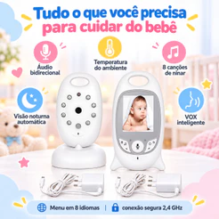 Babá Eletrônica Monitor de Bebê LCD Visão Noturna Áudio Bidirecional VOX Canções de Ninar 2.4GHz Câmera Segurança