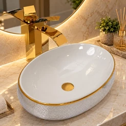 Kit Cuba de Apoio Oval Decorada Prata Louça Torneira Cascata Dourada