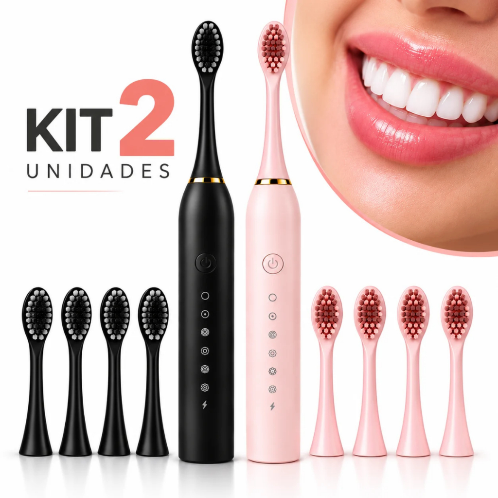 Kit 2 ou 1 Escova de Dentes Elétrica Extra Macia - Recarregável + 4 Refis Grátis