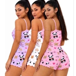 KIT COM 03 PIJAMAS SÃO TRÊS CONJUNTOS DE SHORT DOLL PIJAMA FEMININO CORES VARIADAS