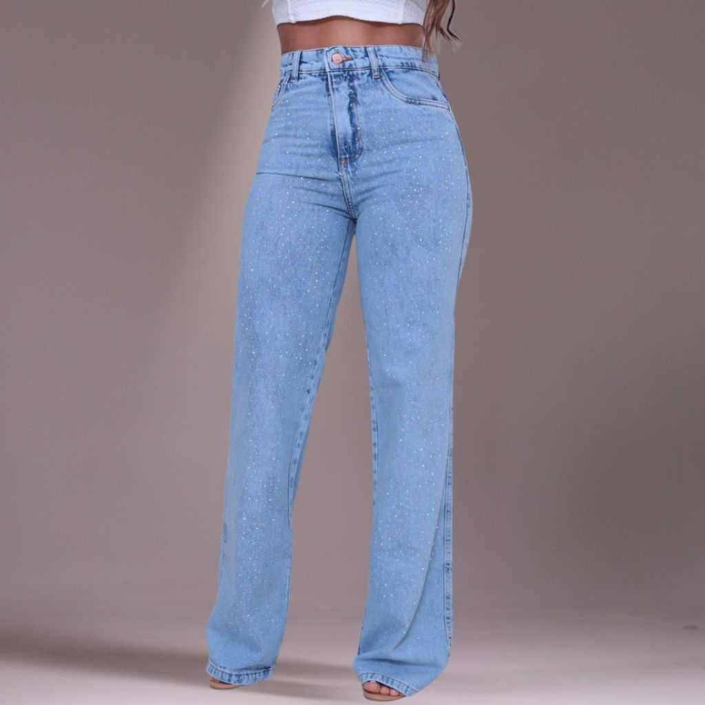 Calça Jeans Feminina Wide Leg Clara BRILHO STRASS Pantalona Cintura Alta Tecido Grosso Premium 100%