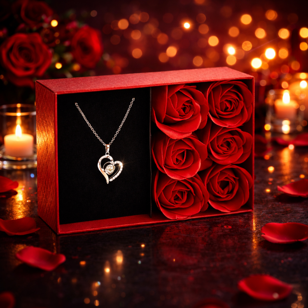 Caixa de Rosas com Colar Coração Eu Te Amo em 100 Idiomas - Dia das Mães, Namorados em Oferta na Shopee