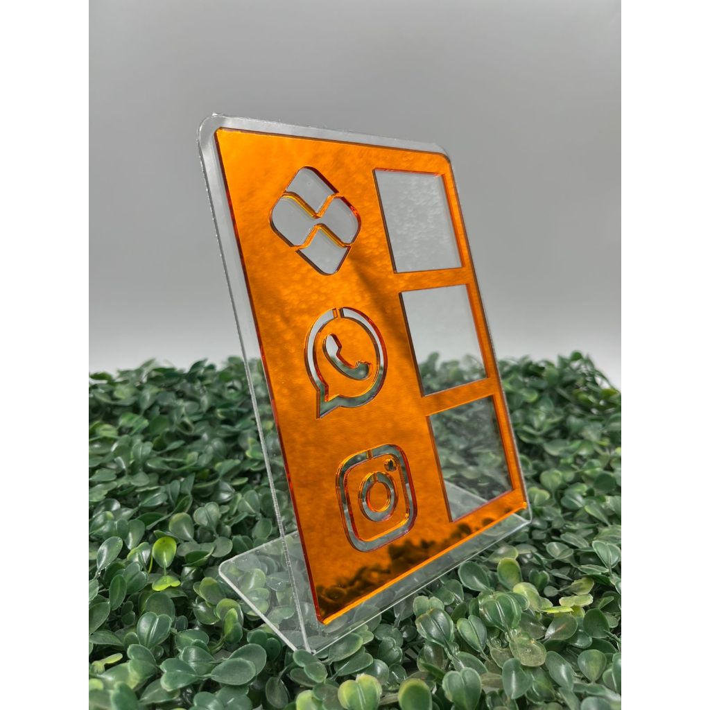 Placa Display Acrílico Mesa Balcão PIX ZAP Instagram Laranja/Transparente.