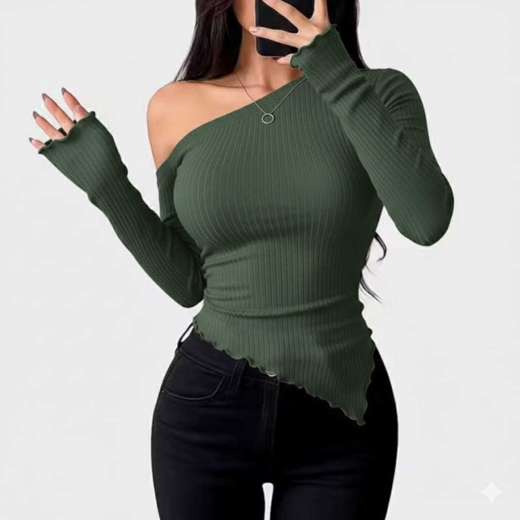 Blusa Assimétrica Canelado Feminina Manga Longa Barra Lenço Moda Verão. Casual e Elegante Confortável