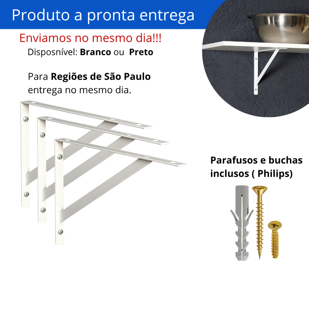 Kit 6 Suportes 30cm com Mão Francesa para Prateleiras, cor Branca ou Preta + Kit Instalação