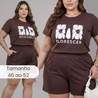 Conjunto  Feminino Plus Size com Blusa T-shirt e Short Meia Coxa Malha 100% Algodão em Oferta na Shopee