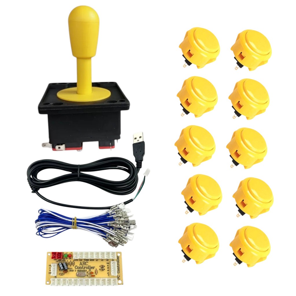 Kit 1 Comando e 10 Botões Amarelo Tipo Sanwa 30mm Para Fliperama Arcade + Placa Zero Delay