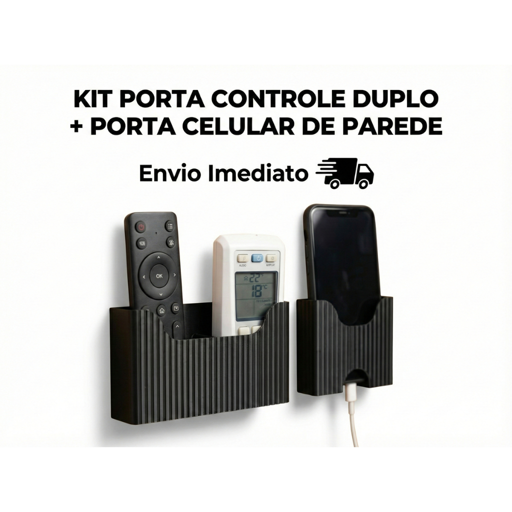 Suporte de Parede para Celular com Carregador + Porta Controles Duplo (Ar Condicionado/TV) Organizador de Parede