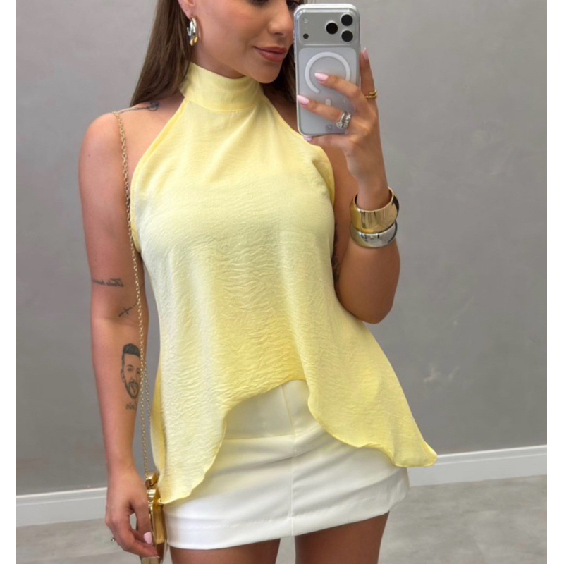 Blusa bata Multiforma Feminino frente Única Assimetria amarração no pescoço Casul  elegante tendência 2026 Copa