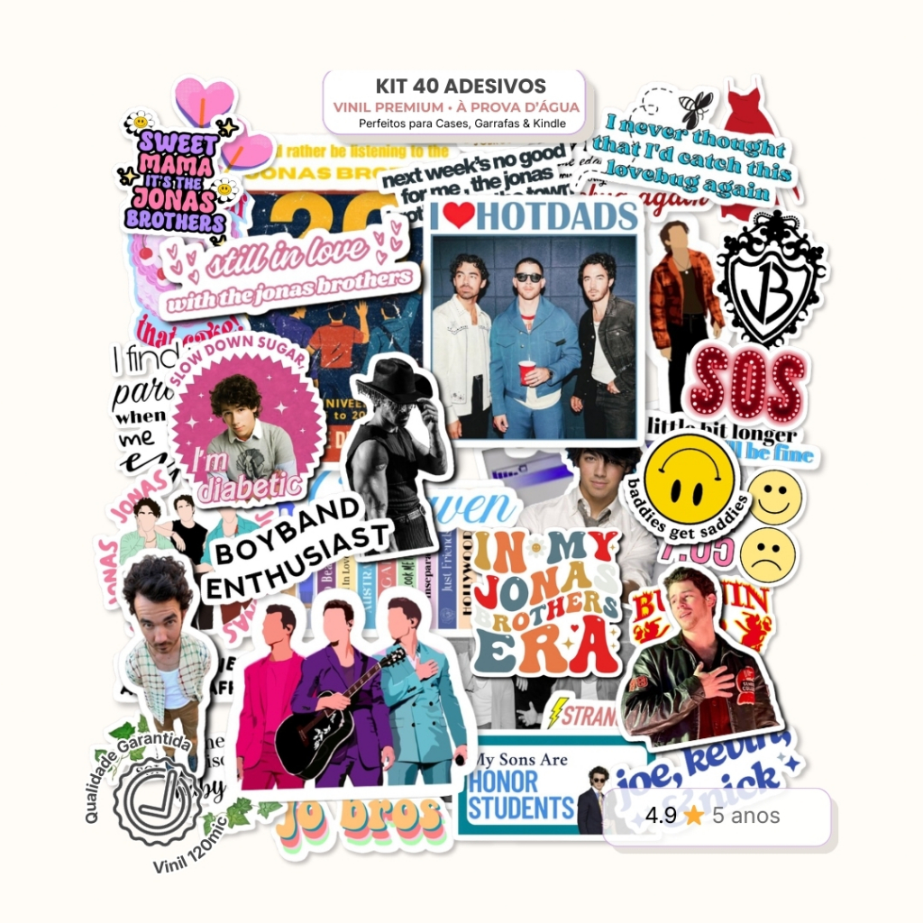 Kit 40 Adesivos Jonas Brothers - Vinil à Prova D’Água | Stickers Papelaria JONAS BRO Reunion Boyband em Oferta na Shopee