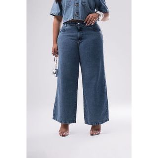 Calça Wide Leg Plus Jeans Cintura Alta Empina Bumbum Confortável