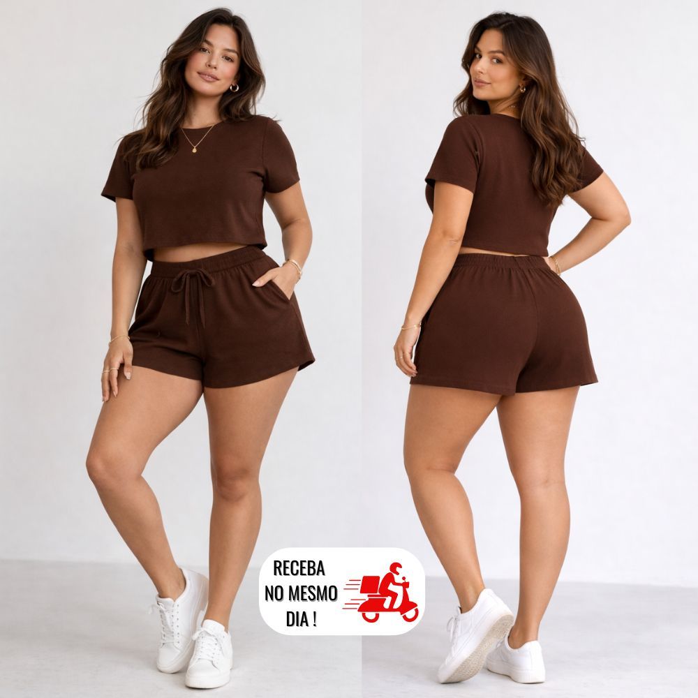 Conjunto Feminino Cropped Manga Curta e Shorts em Ribaninha Premium – Conforto e Estilo Casual | ENVIO IMEDIATO em Oferta na Shopee