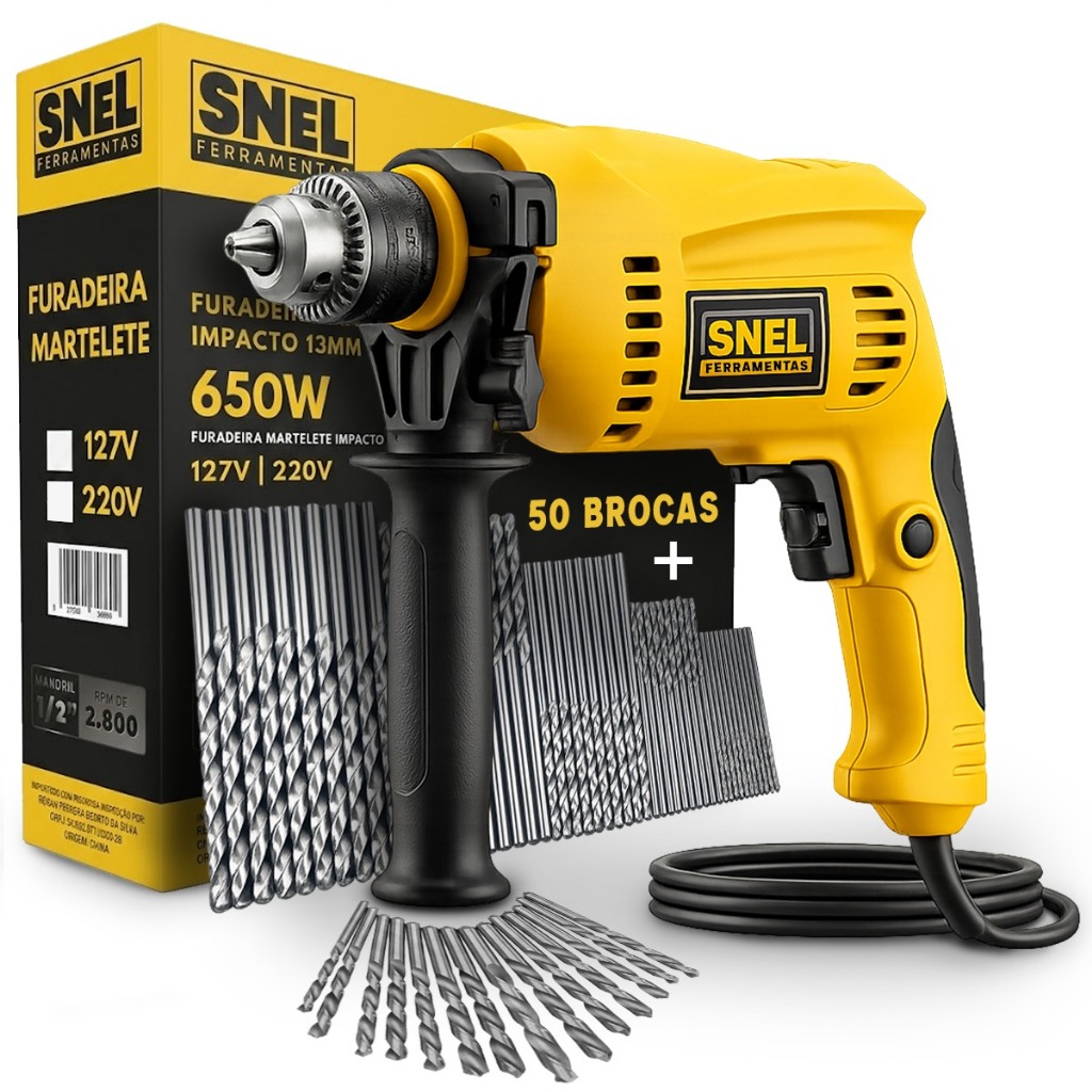 Furadeira Parafusadeira Impacto Martelete 650W Mandril 1/2 127V OU 220V Com Kit 50 Brocas em Oferta na Shopee