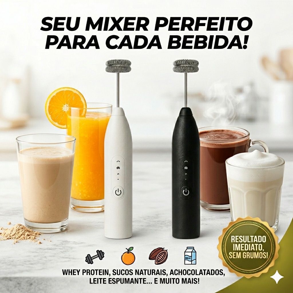 Mixer Misturador Batedor Elétrico Portátil para Bebidas, Cafés, Suplementos, Sucos