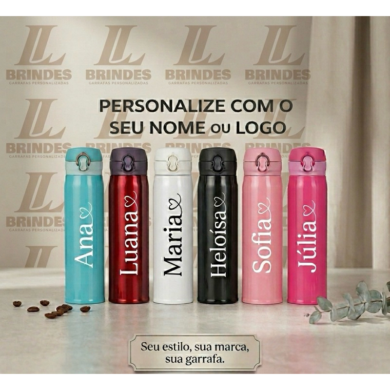 Garrafa Personalizada Térmica 400ml com Nome, Logo, Time, Frase, Profissão