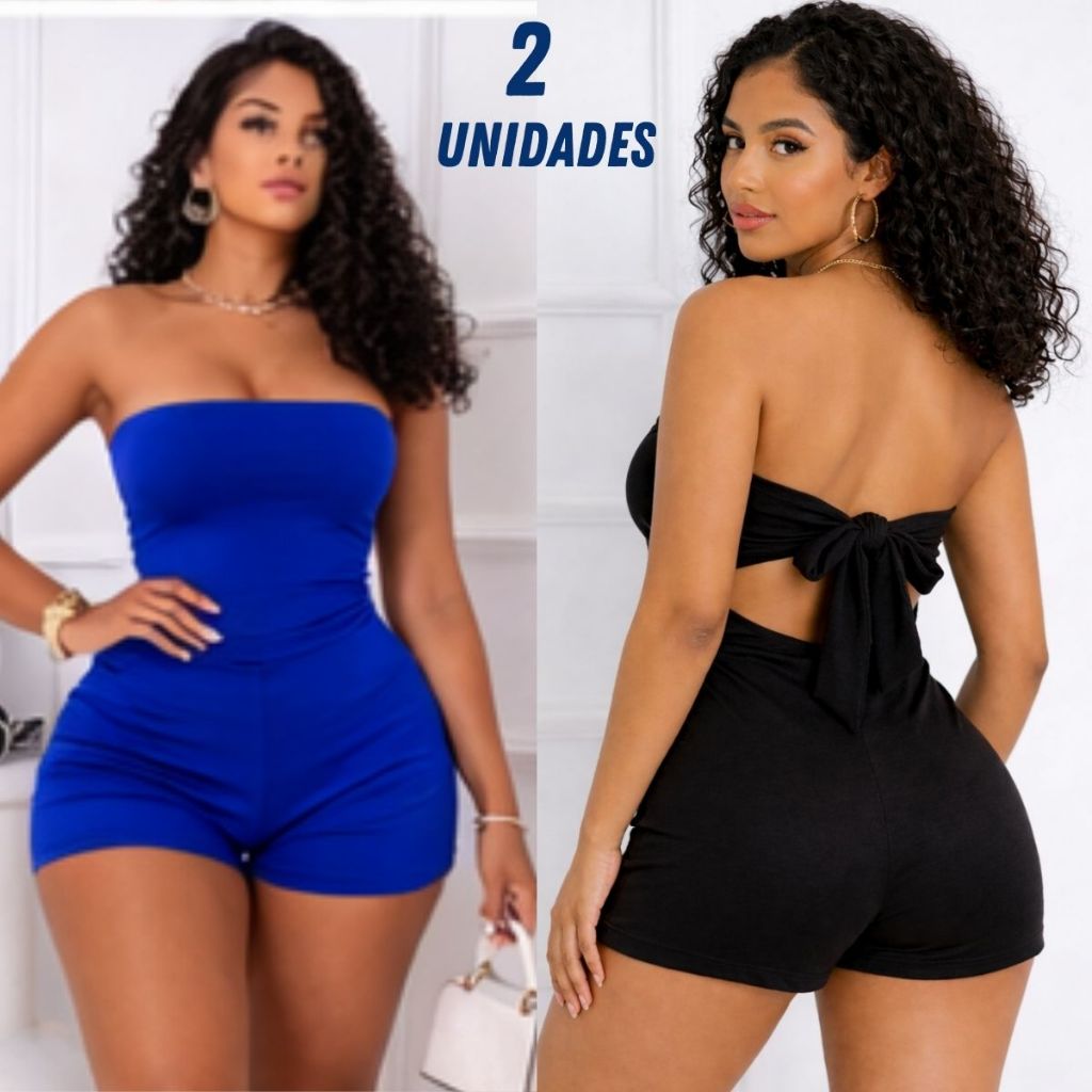 KIT 2 ou 1 Macaquinho Tomara Que Caia Com Laço Costas Nuas Feminino Elegante Casual Moda Verão