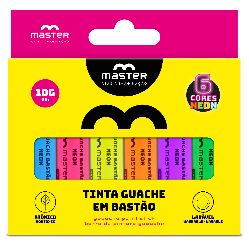 Tinta Guache Bastão Neon 6 Cores 10g Lavável Atóxica Master Escolar