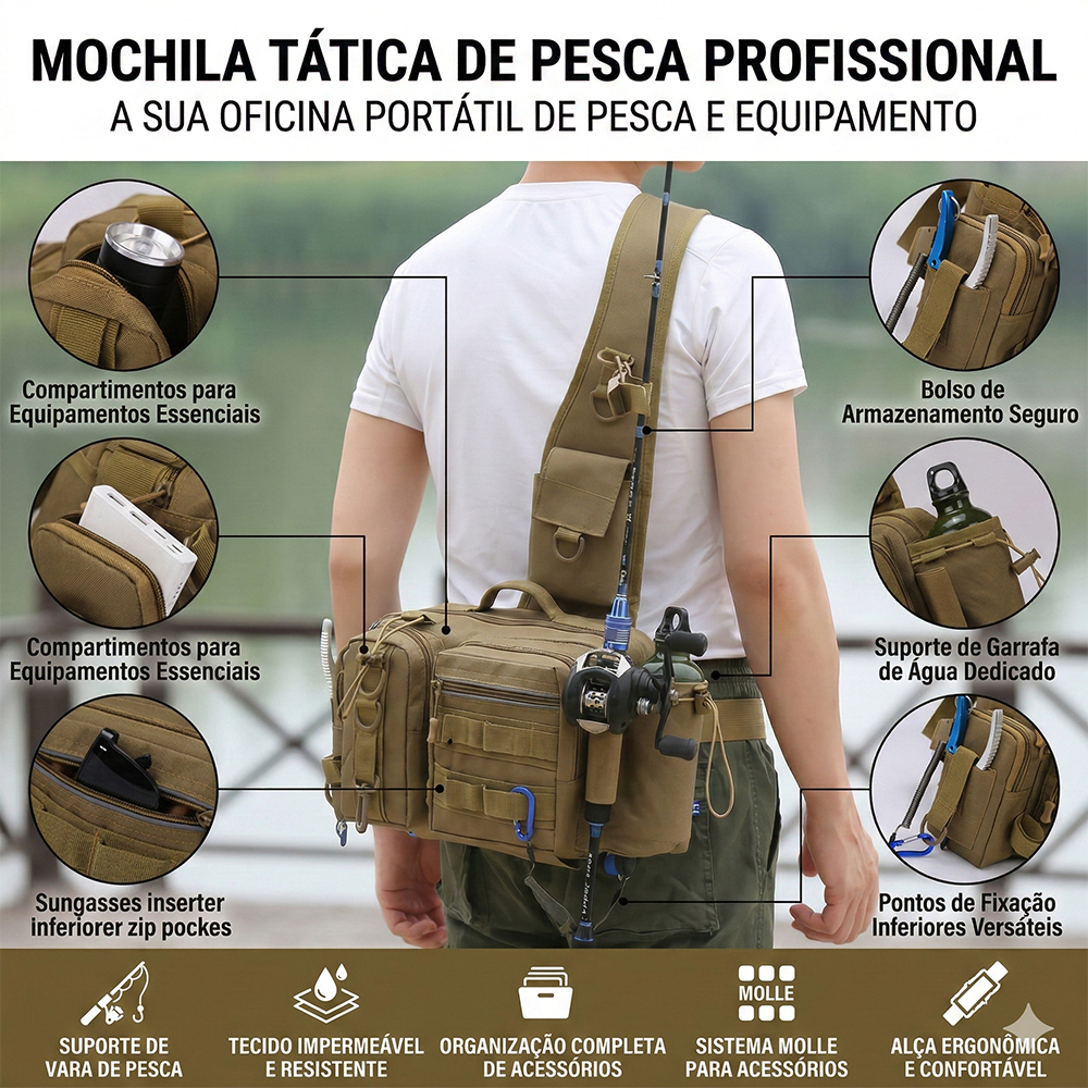 Bolsa de Pesca de Grande Mochila de Pesca Multifuncional Grande Impermeável com Suporte para Vara Estilo Tático